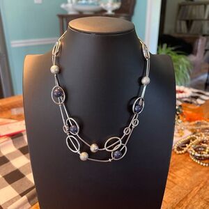 Blue beaded silver tone necklace
